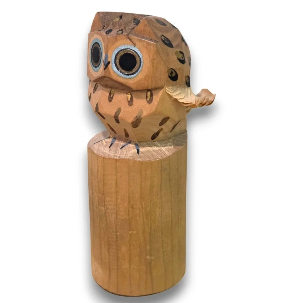 Vintage Japanese Sasano Bori Hand Carved Wooden Owl Figure Folk Art 3.5''